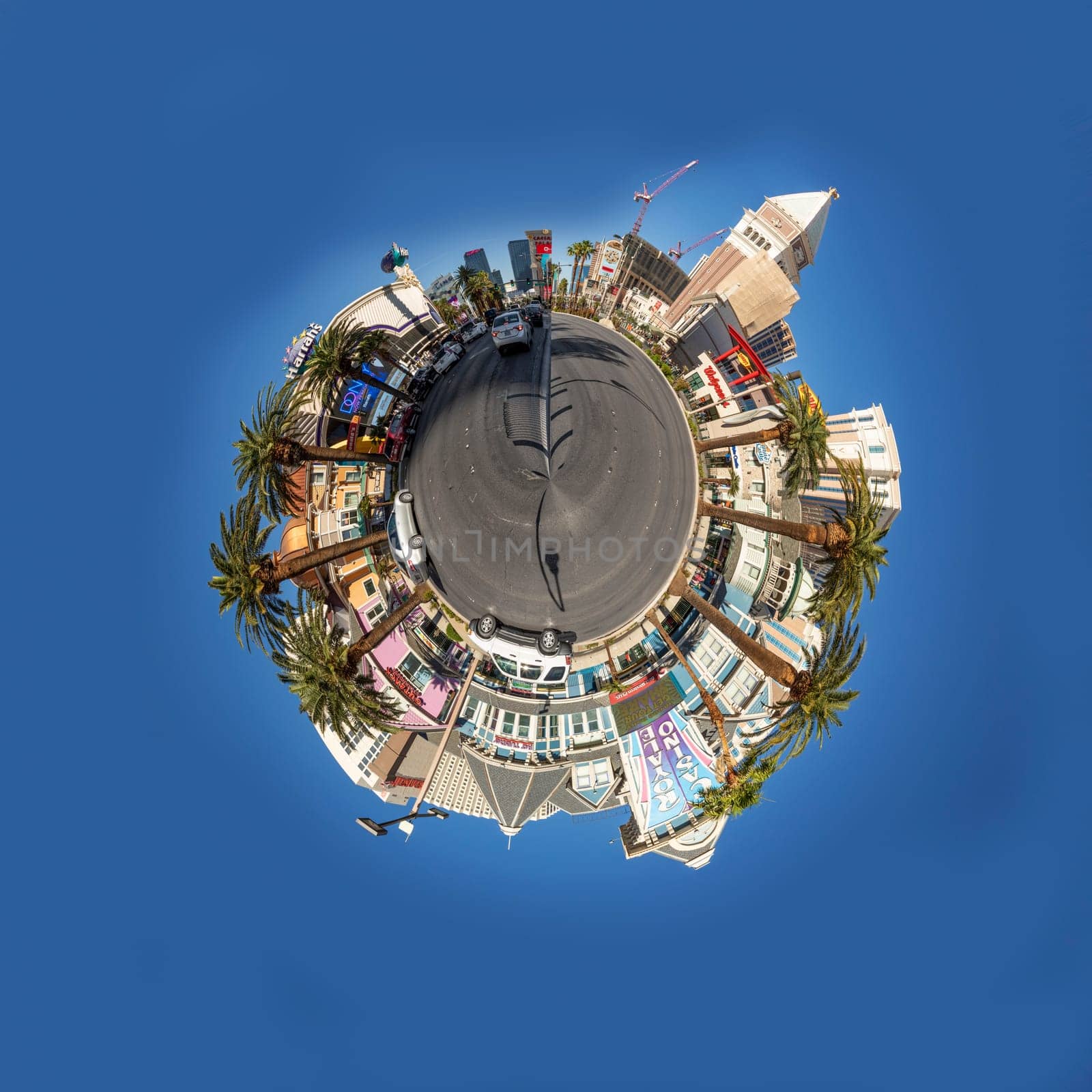 Las Vegas, USA - May 24, 2022: view to hotels and casinos at the Strip in daytime with neon advertising in tiny world style.