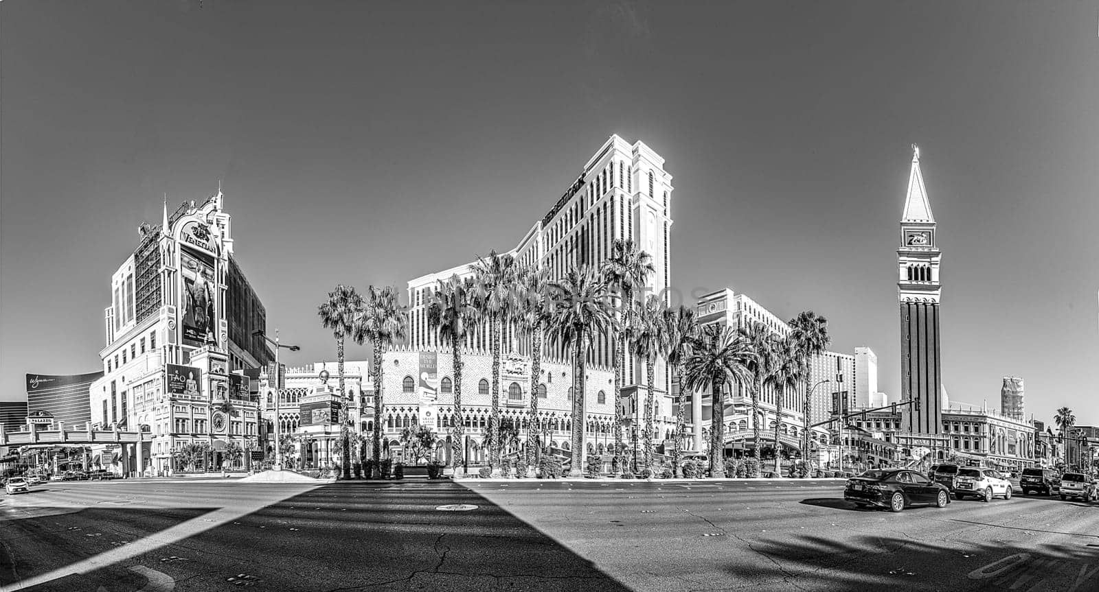 Las Vegas, USA - May 24, 2022: view to hotels and casinos at the Strip in daytime with neon advertising.