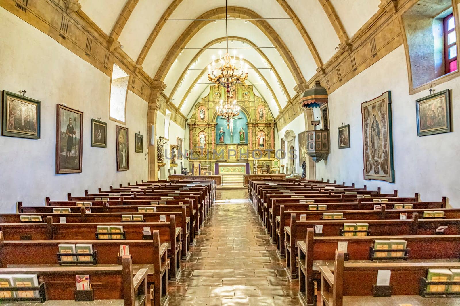 Carmel, USA - March 15, 2019:  church at Carmel Mission San Carlos Borromeo in Carmel, USA. Pope Paul II was worshiping the holy maria at Carmel.