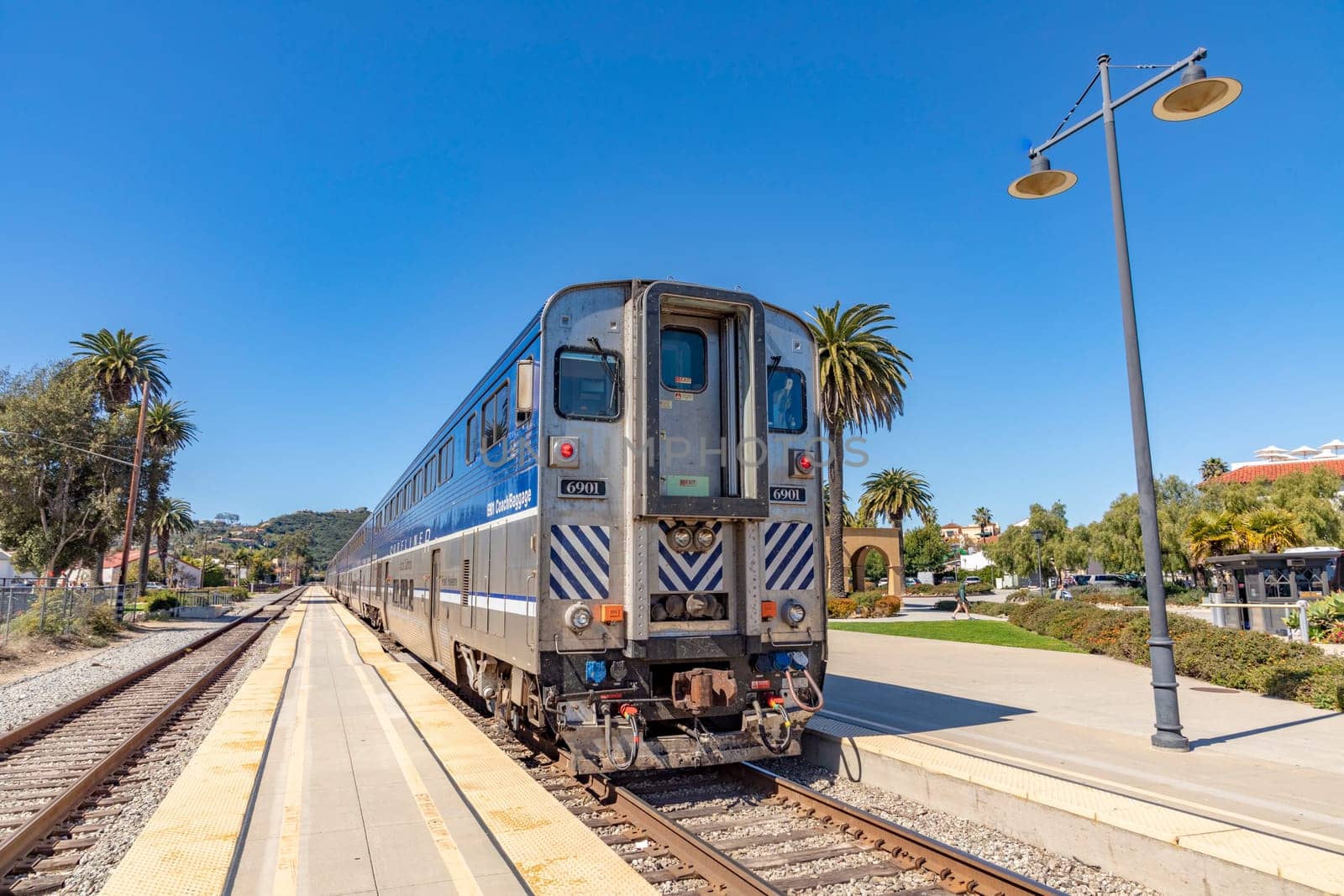 Santa Barbara, USA - March 16, 2019: the pacific surfliner train enters the station at Santa Barbara. The surfliner serves the Route San Diego to San Luis Obispo.