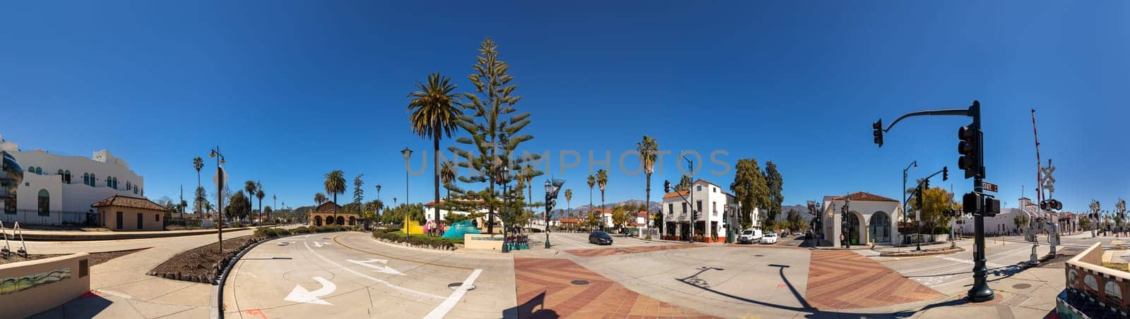 Santa Barbara, USA - March 16, 2019: old historic town square in Santa Barbara with Ronald Reagans Ranch center as cultural meeting place.