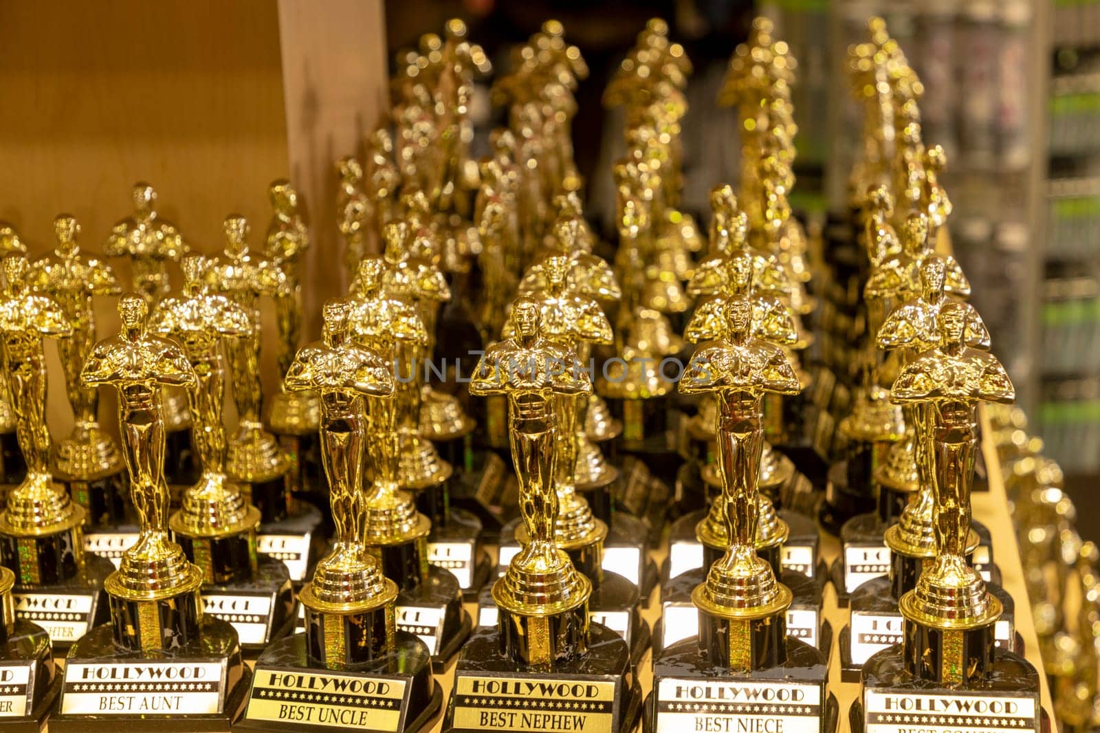 Los Angeles, USA - March 17, 2019: small Oscars in artifical gold for tourists in a souvenir shop.