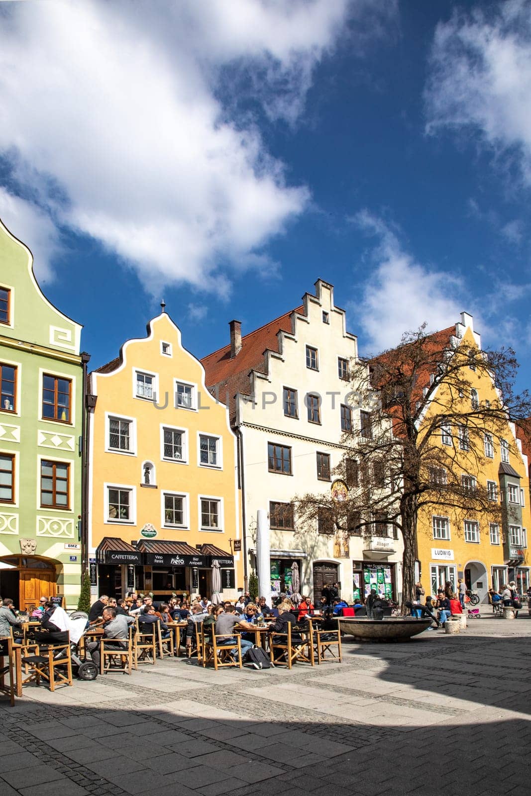 Ingolstadt, Germany - April 6, 2019: view to old town of Ingolstadt with half timbered historic houses downtown and beautiful renovated facades.
