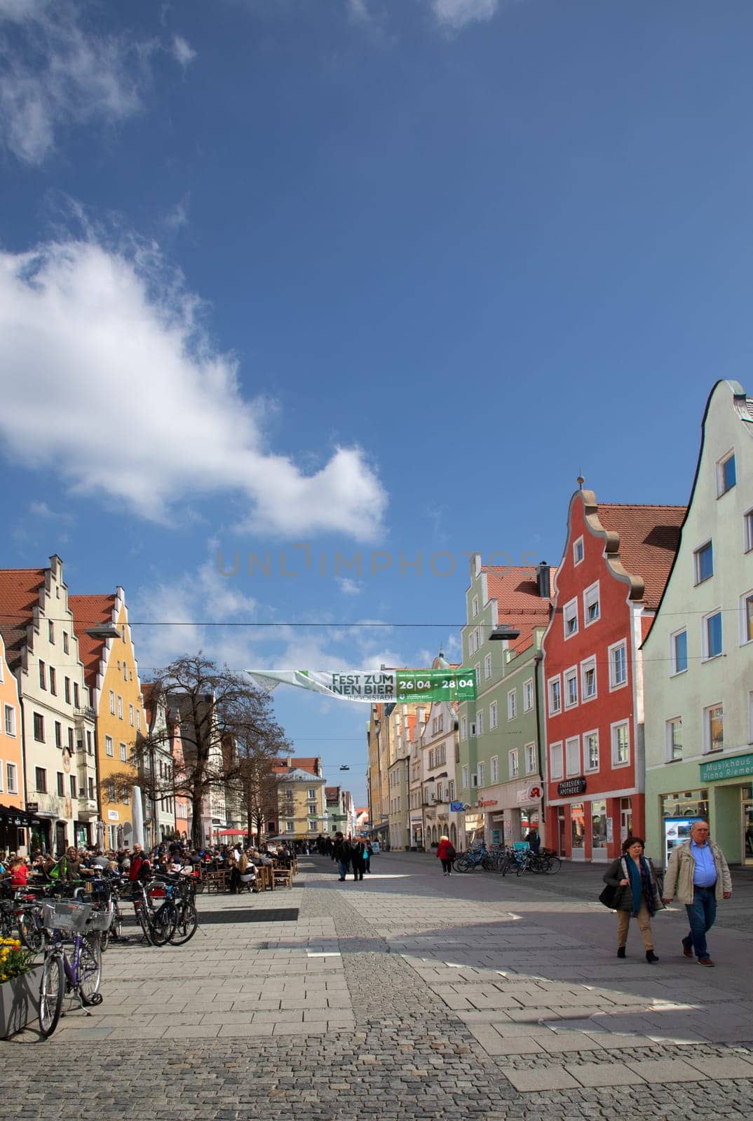 Ingolstadt, Germany - April 6, 2019: view to old town of Ingolstadt with half timbered historic houses downtown and beautiful renovated facades.