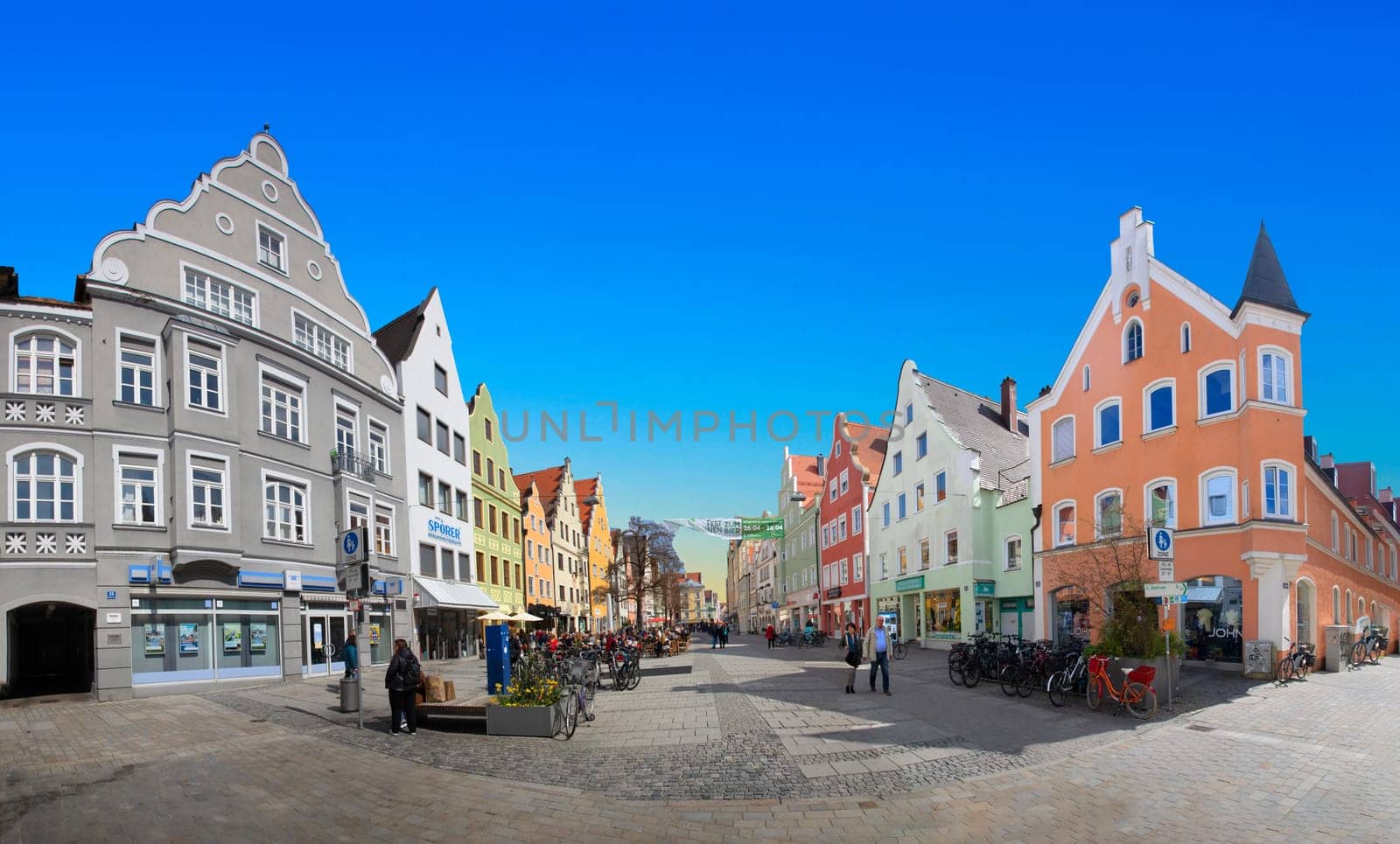Ingolstadt, Germany - April 6, 2019: view to old town of Ingolstadt with half timbered historic houses downtown and beautiful renovated facades.