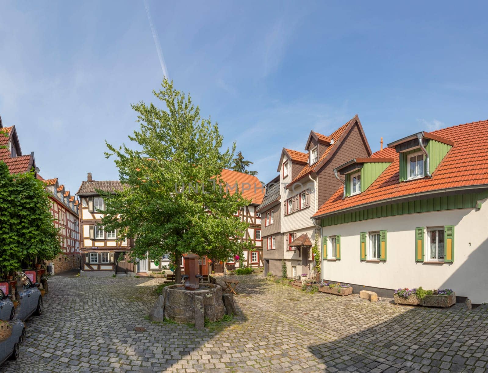 Alsfeld, Germany - June 25, 2021: half timbered historic houses at central square with tree in Alsfeld, germany.