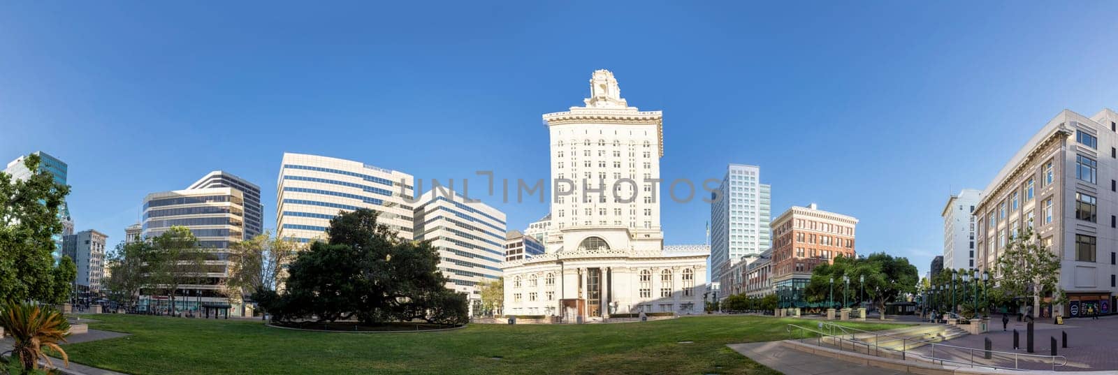 Oakland, USA - May 19, 2022: view to old town of Oakland in sunrise.