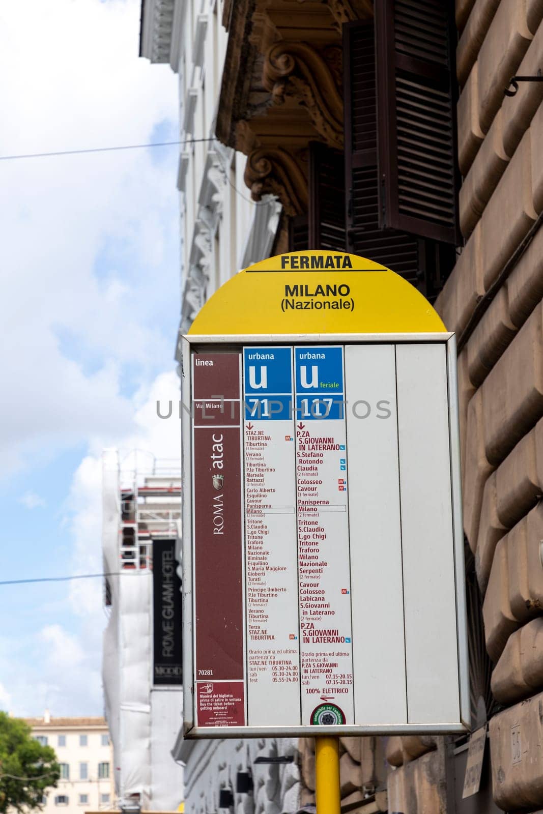 Rome, Italy - August 5, 2021: timetable of public bus company ATAC in Rome, Italy at station Milano.