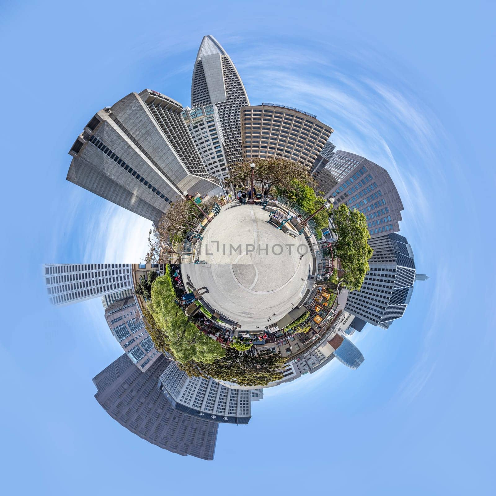 San Francisco, USA - May 19, 2022: panoramic  perspective of skyscraper downtown  financial district seen from Portsmouth square in CHinatown of San Francisco, USA