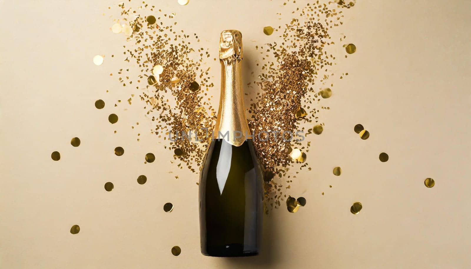 Bottle of champagne with gold glitter and confetti on beige background, flat lay. Hilarious celebration