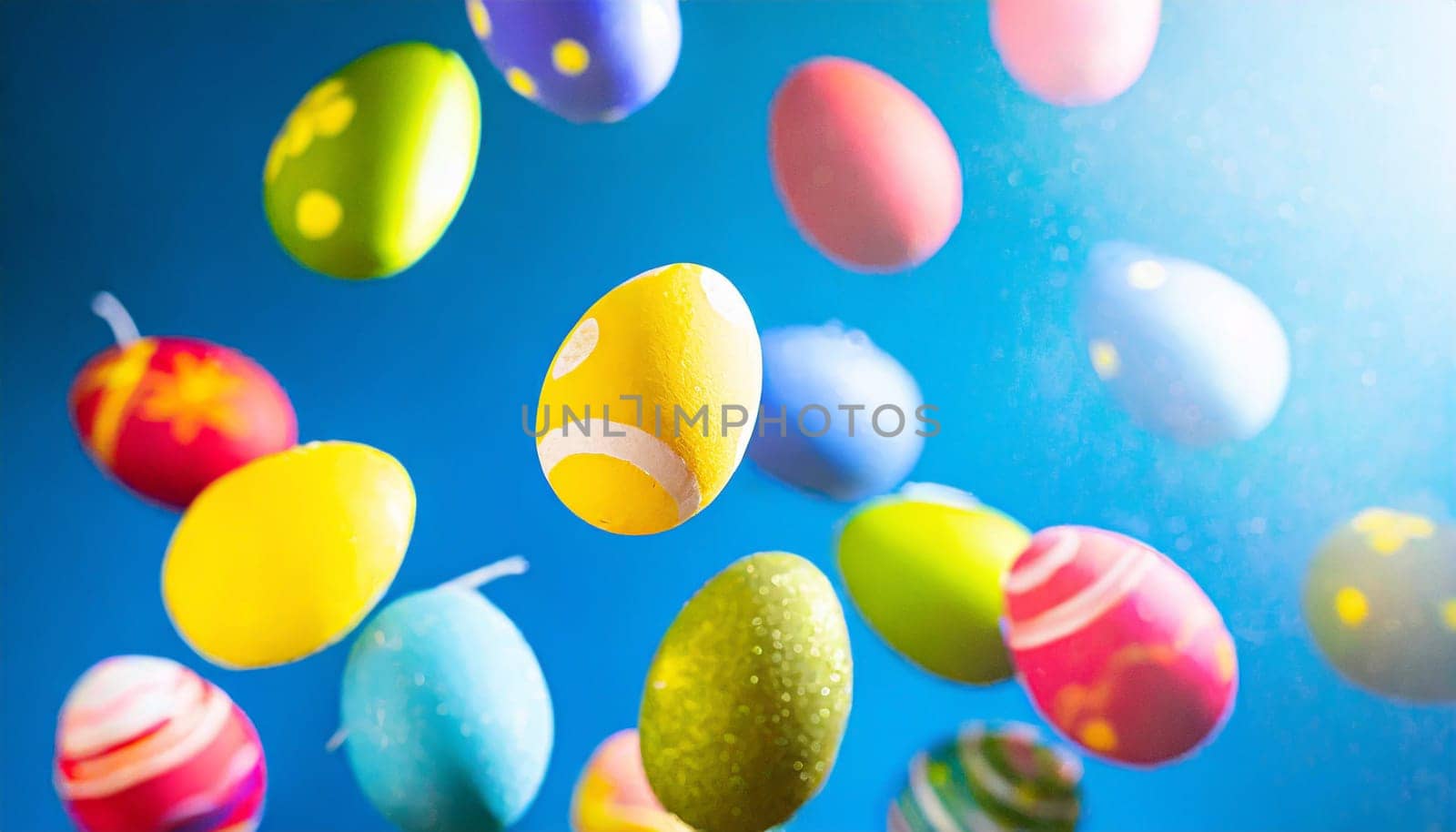 eggs on a background, Banner with colored Easter eggs flying in the air on blue background