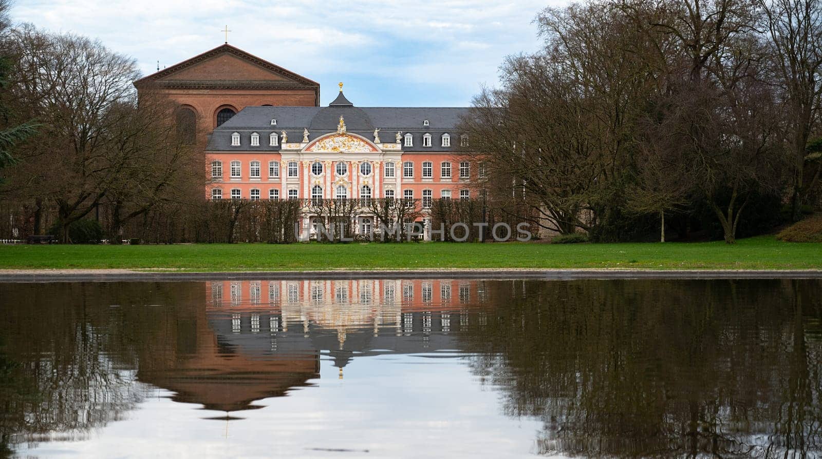 Electoral palace with garden in the roman city of Trier, connected to the constantin basilica, Moselle valley, Rhineland palatinate in Germany