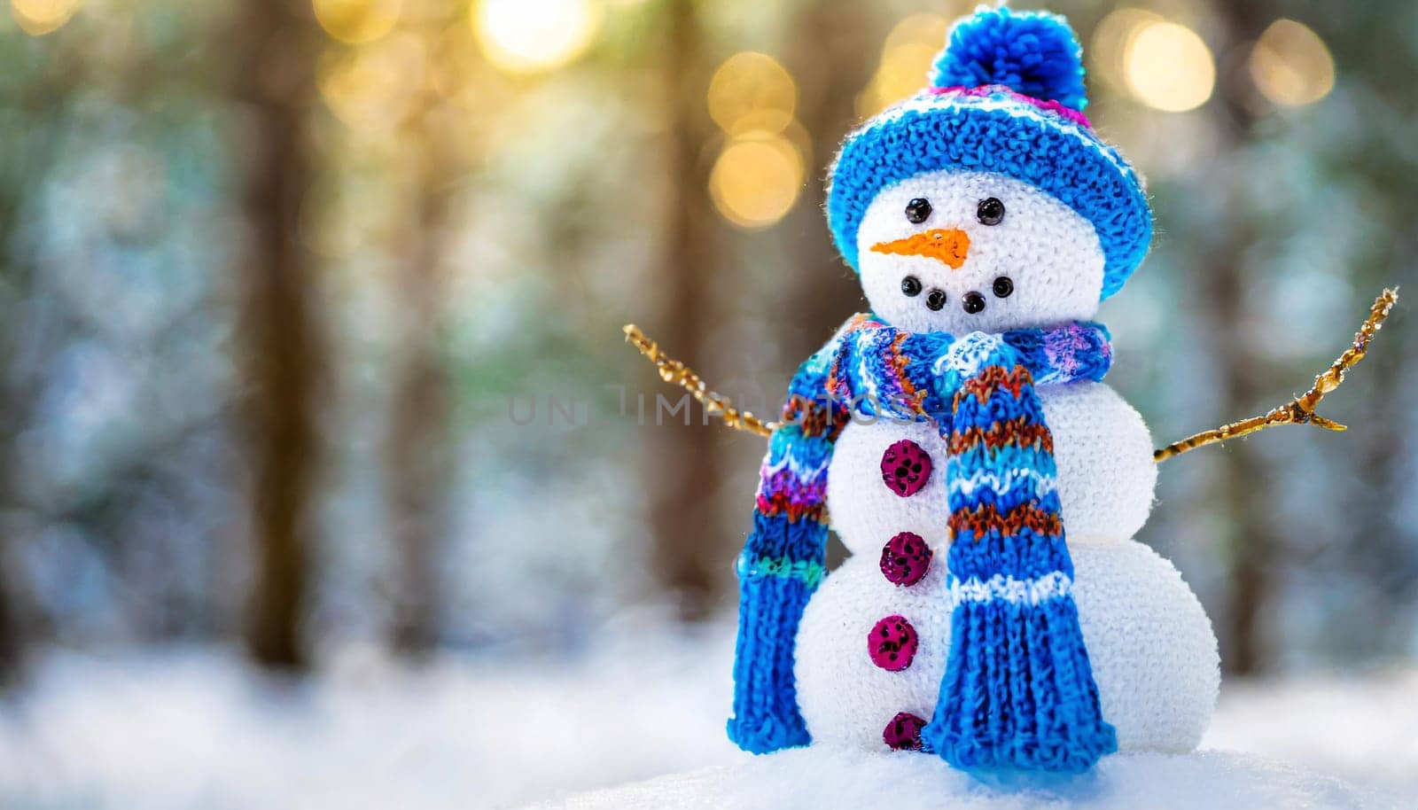 A cute smiling snowman stands against the backdrop of a festive winter landscape. A template for a Christmas card.