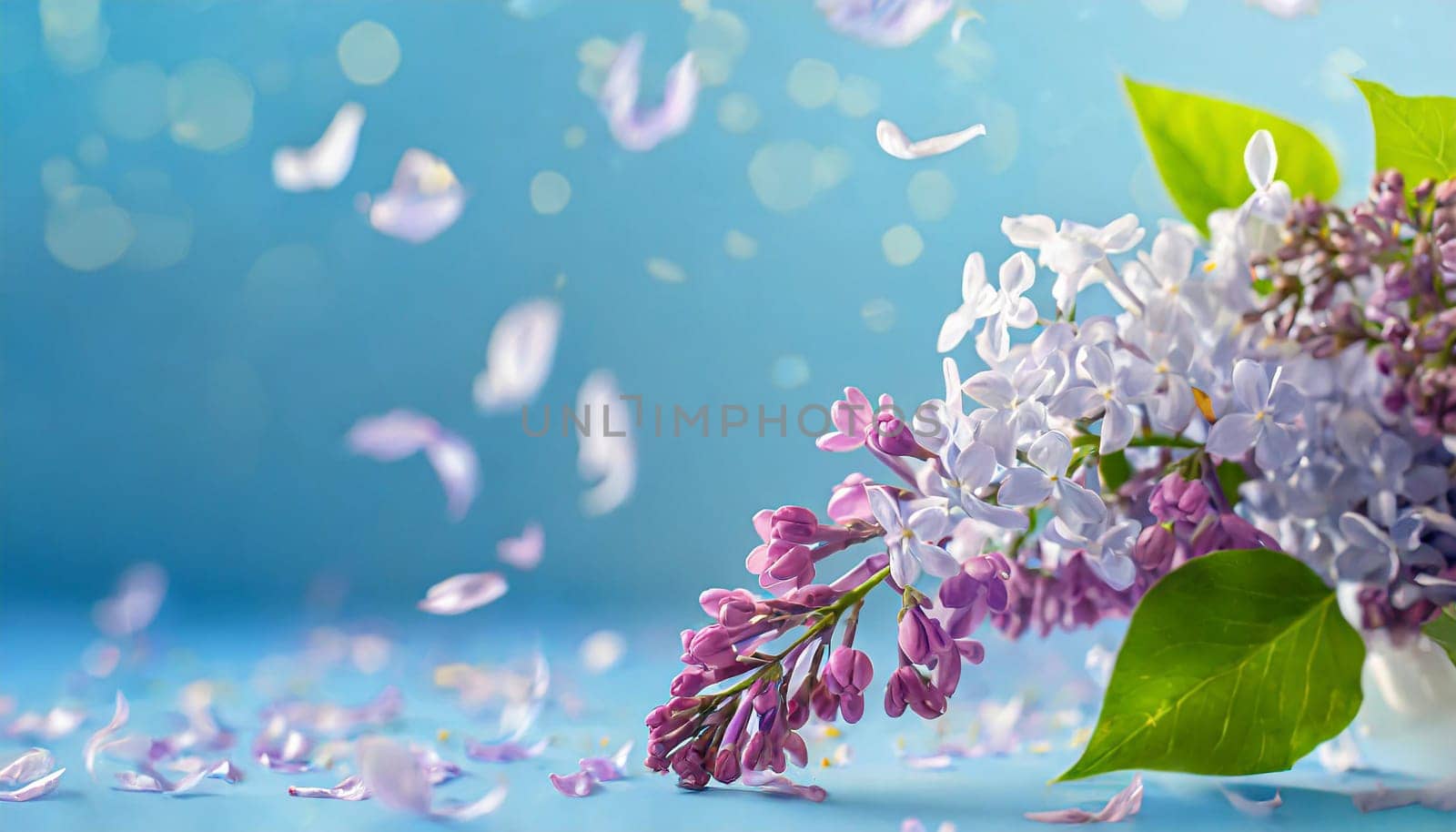 Floral banner with a sprig of lilac and flying petals on blue background, copy space