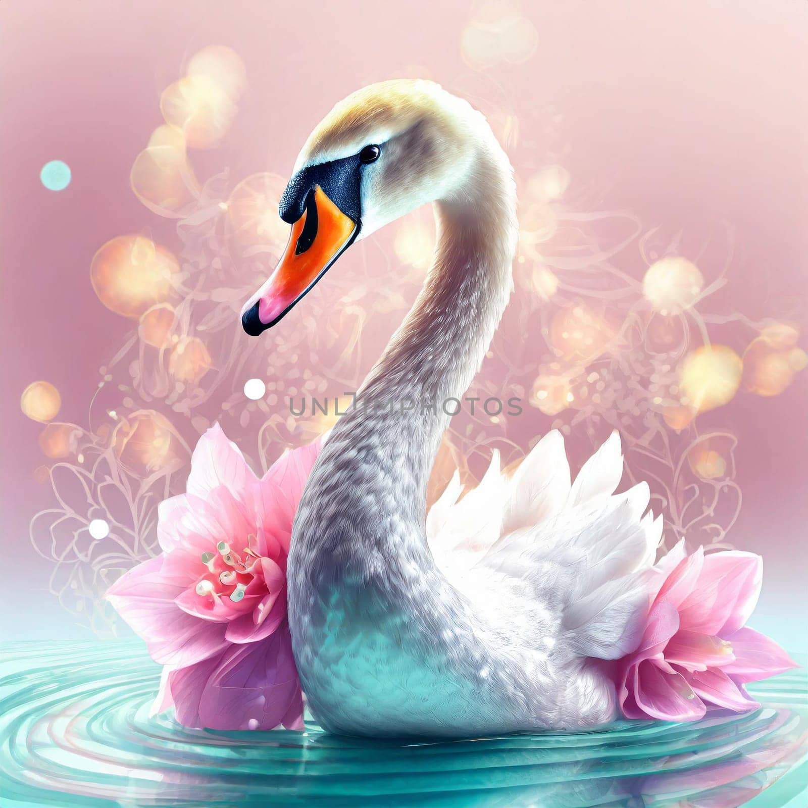 Creative animal concept. Swan bird in glam fashionable couture high end outfits isolated on bright background advertisement, copy space. birthday party invite invitation banner