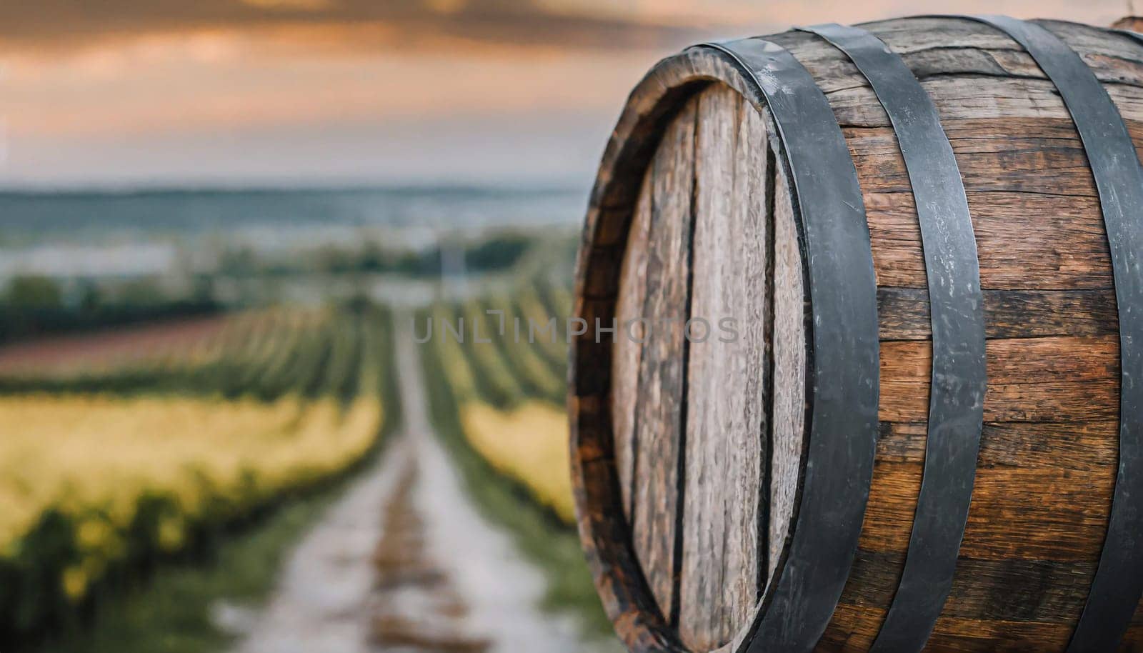 Close view of the surface of an old wooden barrel in a cellar or dark environment with soft warm light and with more barrels in the background.