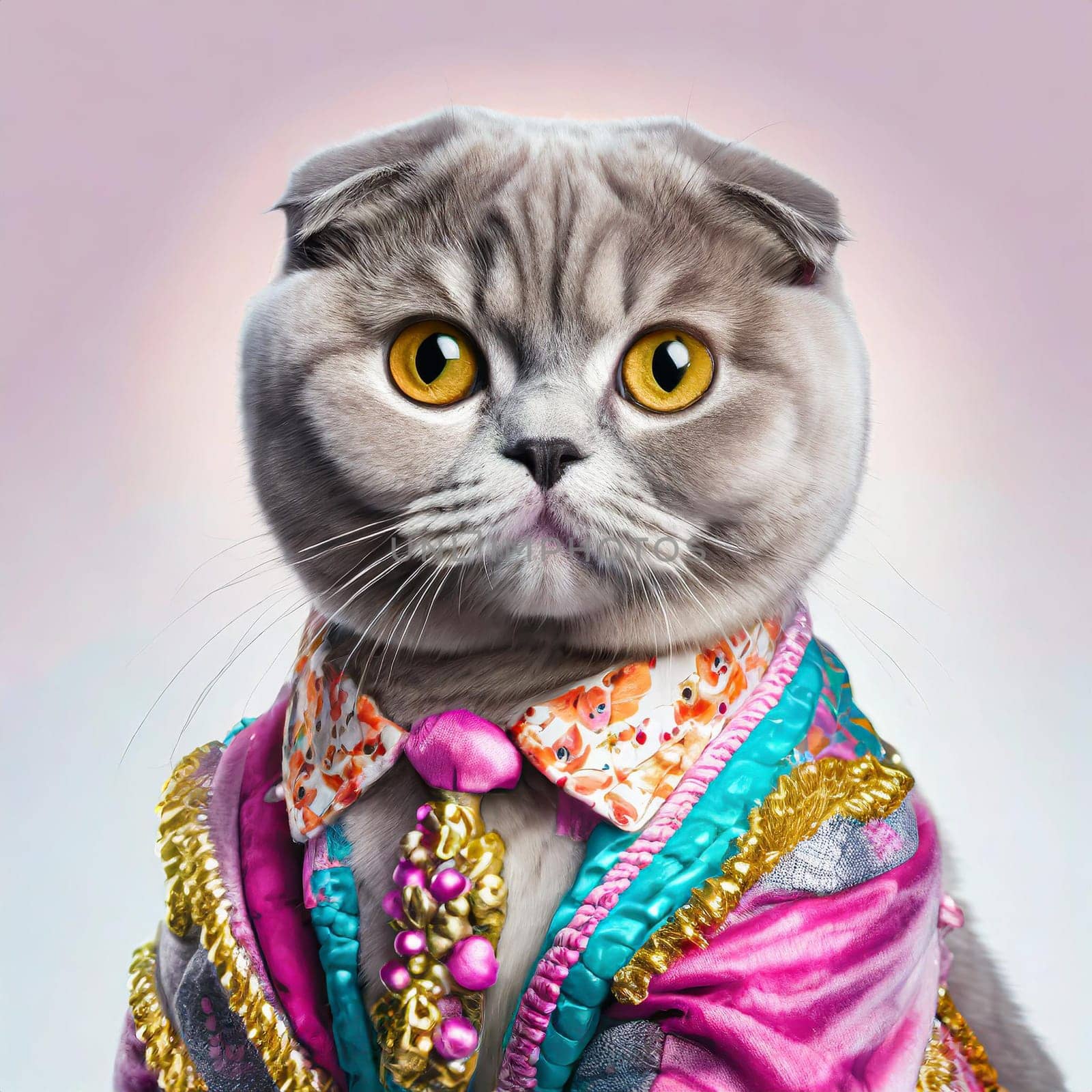 Creative animal concept. Scottish fold cat kitten kitty in glam fashionable couture high end outfits isolated on bright background advertisement, copy space. birthday party invite invitation banner