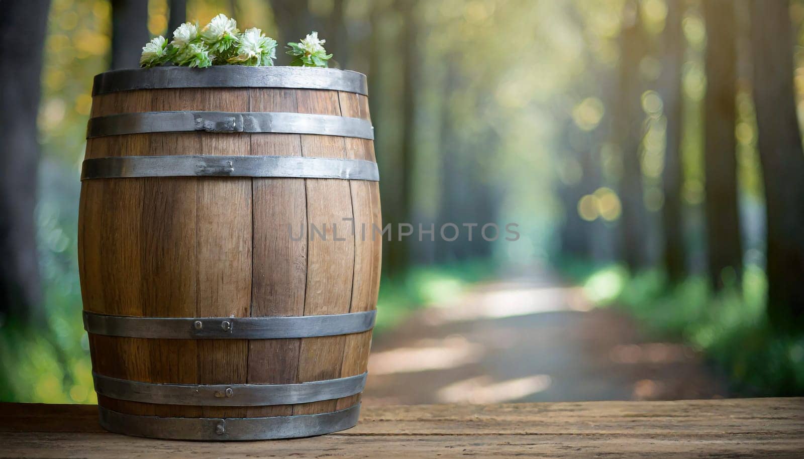 Close view of the surface of an old wooden barrel in a cellar or dark environment with soft warm light and with more barrels in the background.