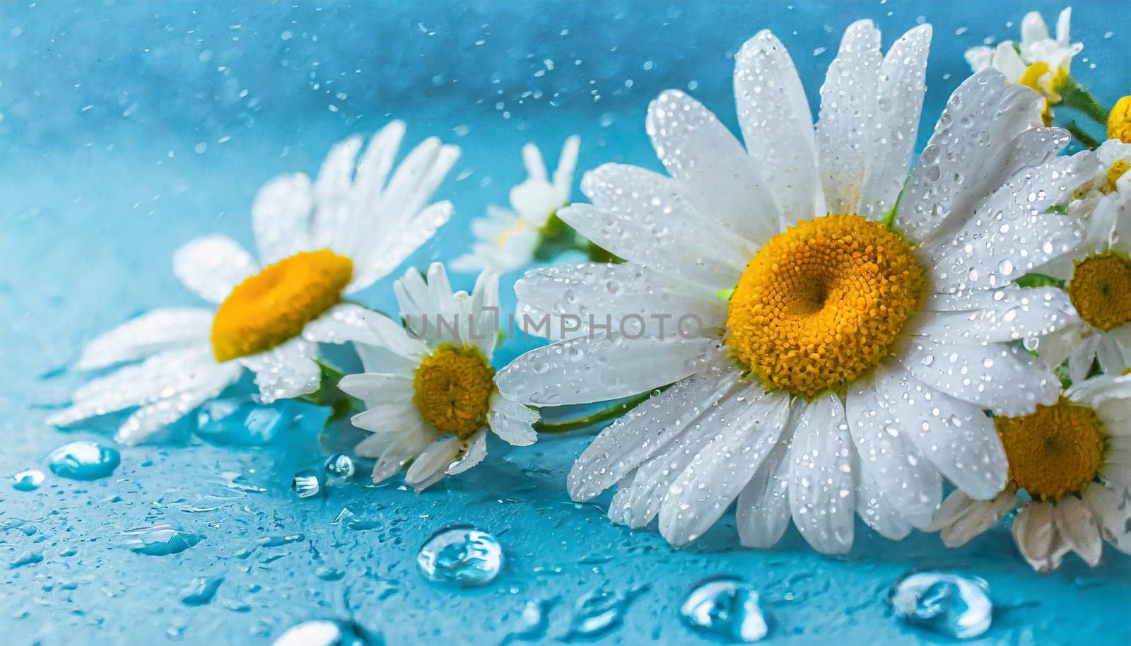 Floral banner with chamomiles and water drops on blue background
