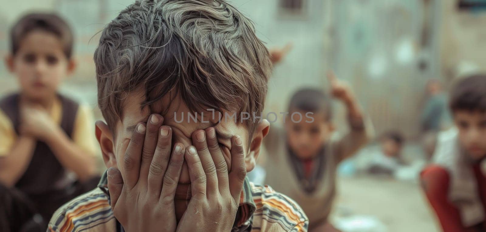 Amidst a bustling background, a child hides his face, capturing a personal moment of peace. The depth of field accentuates his solitary game