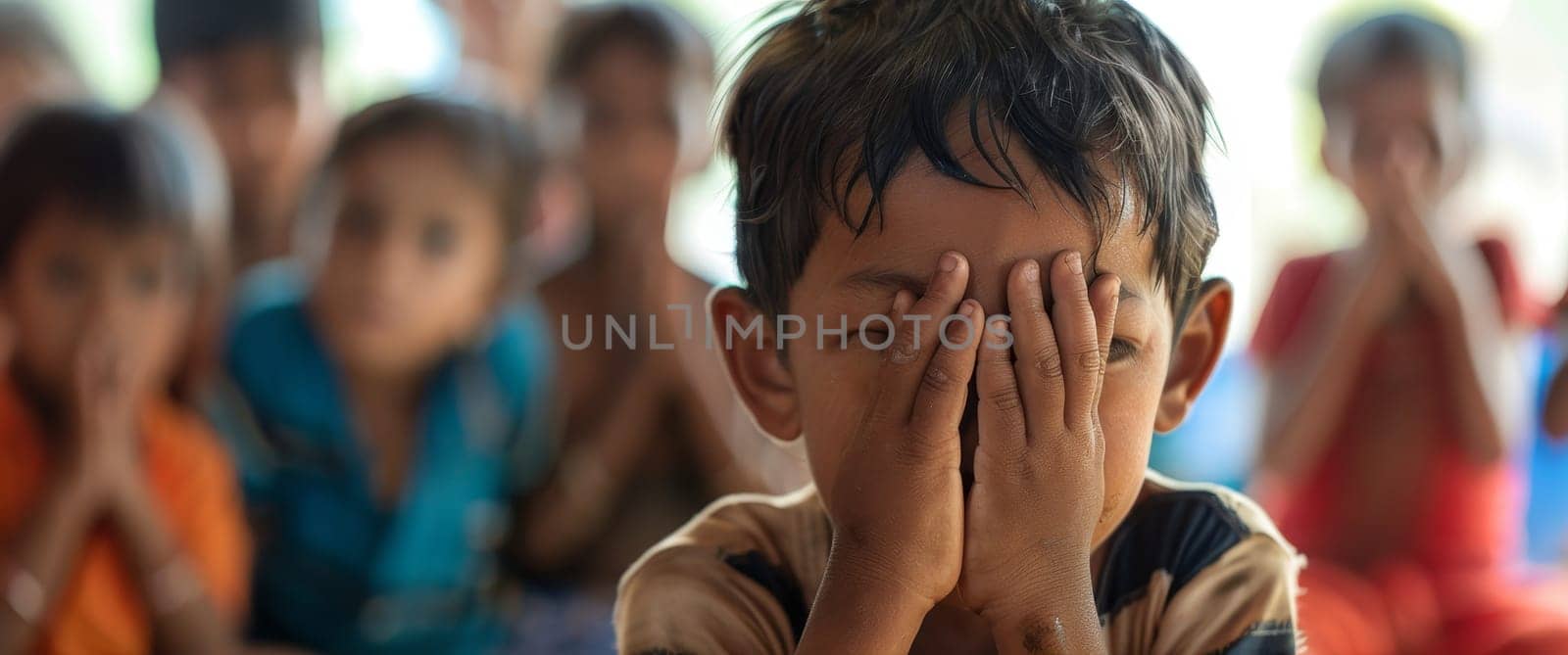 A child covers his eyes with one hand, amidst a blurry group of peers. A moment of shyness in a communal setting is poignantly captured