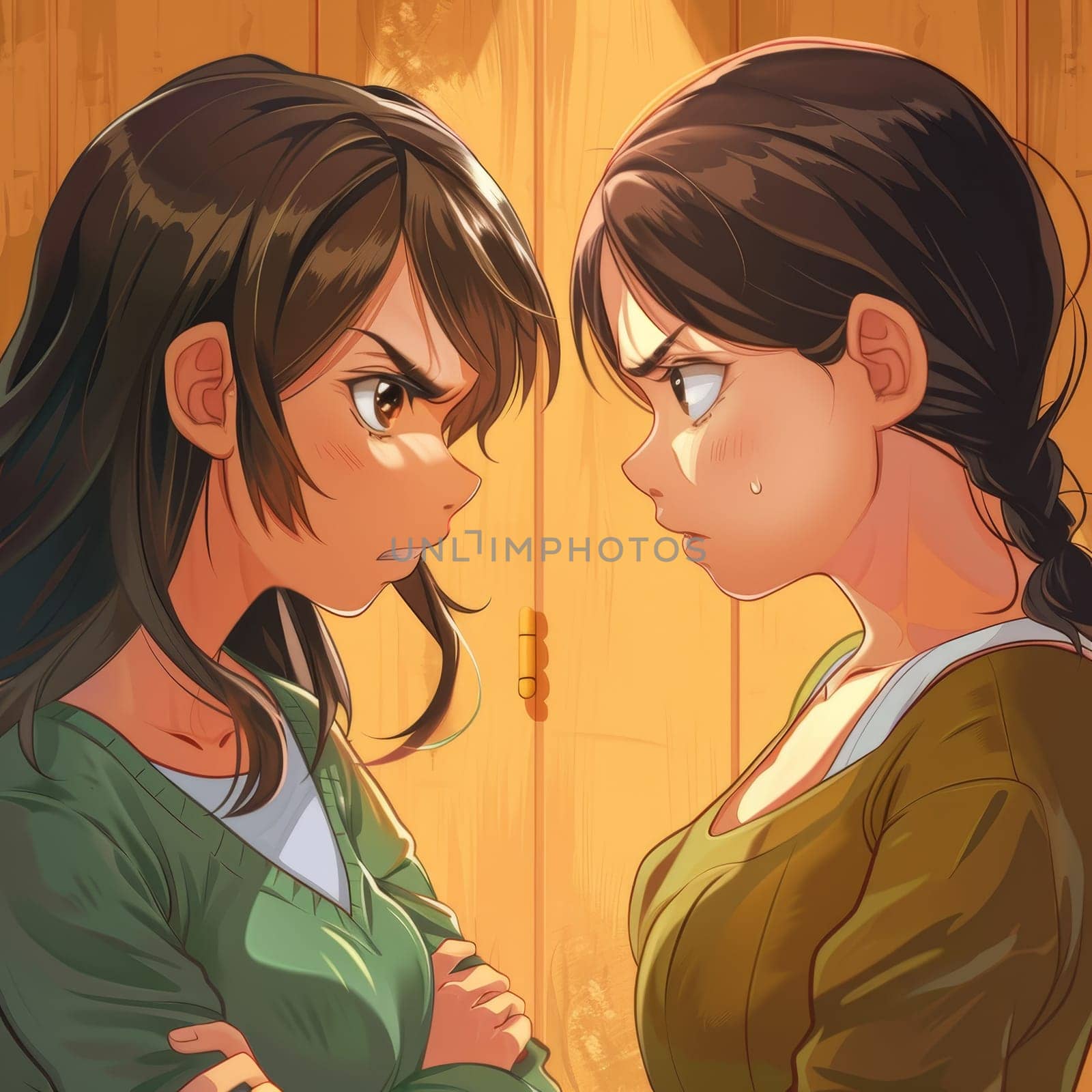 Two animated characters are locked in a tense standoff, emotions vividly portrayed in their eyes. The warm interior background contrasts with the seriousness of their confrontation