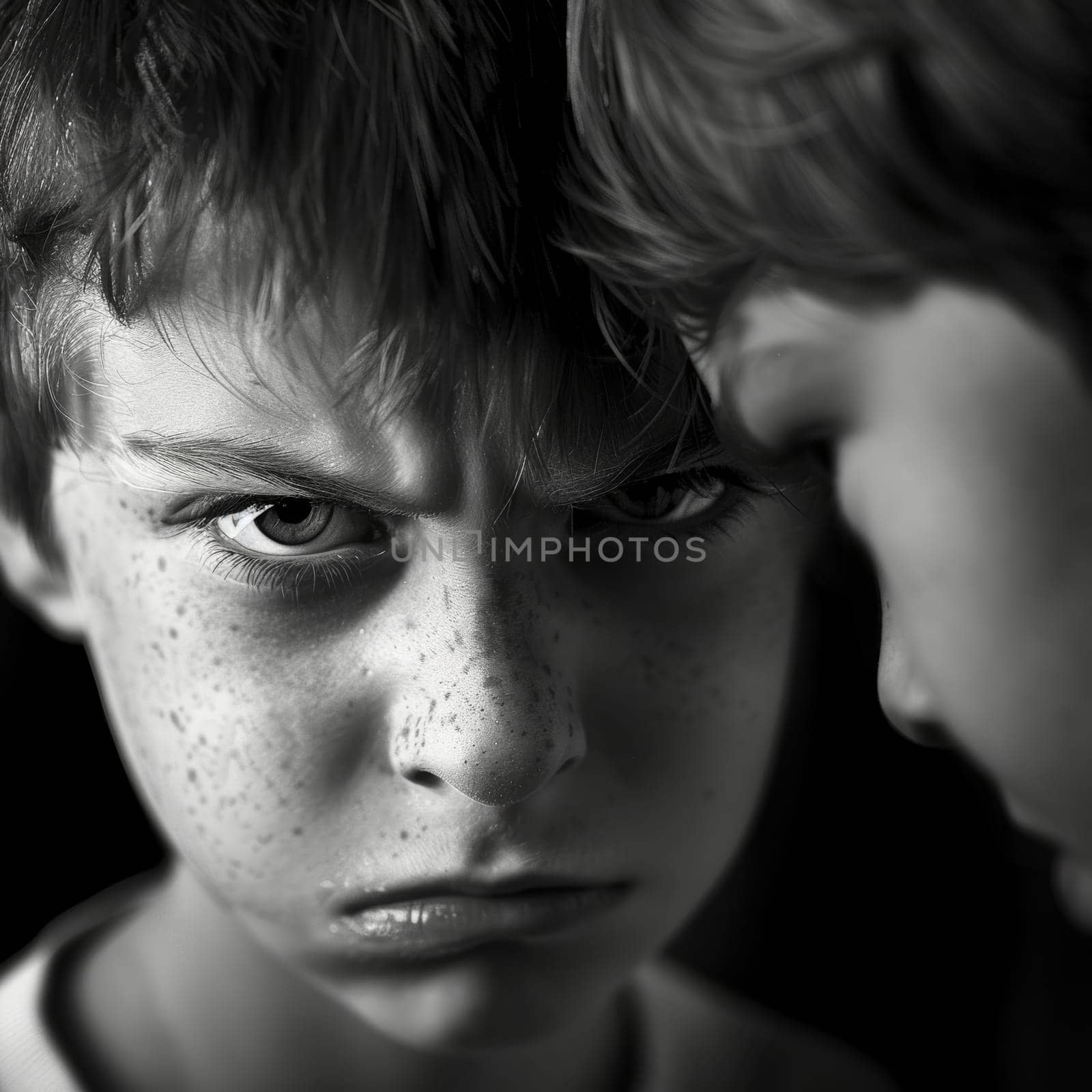 A close-up captures the intense gaze of a young boy with furrowed brows, confronting another out of frame. The stark black and white contrast highlights the emotional tension and youthful expressions