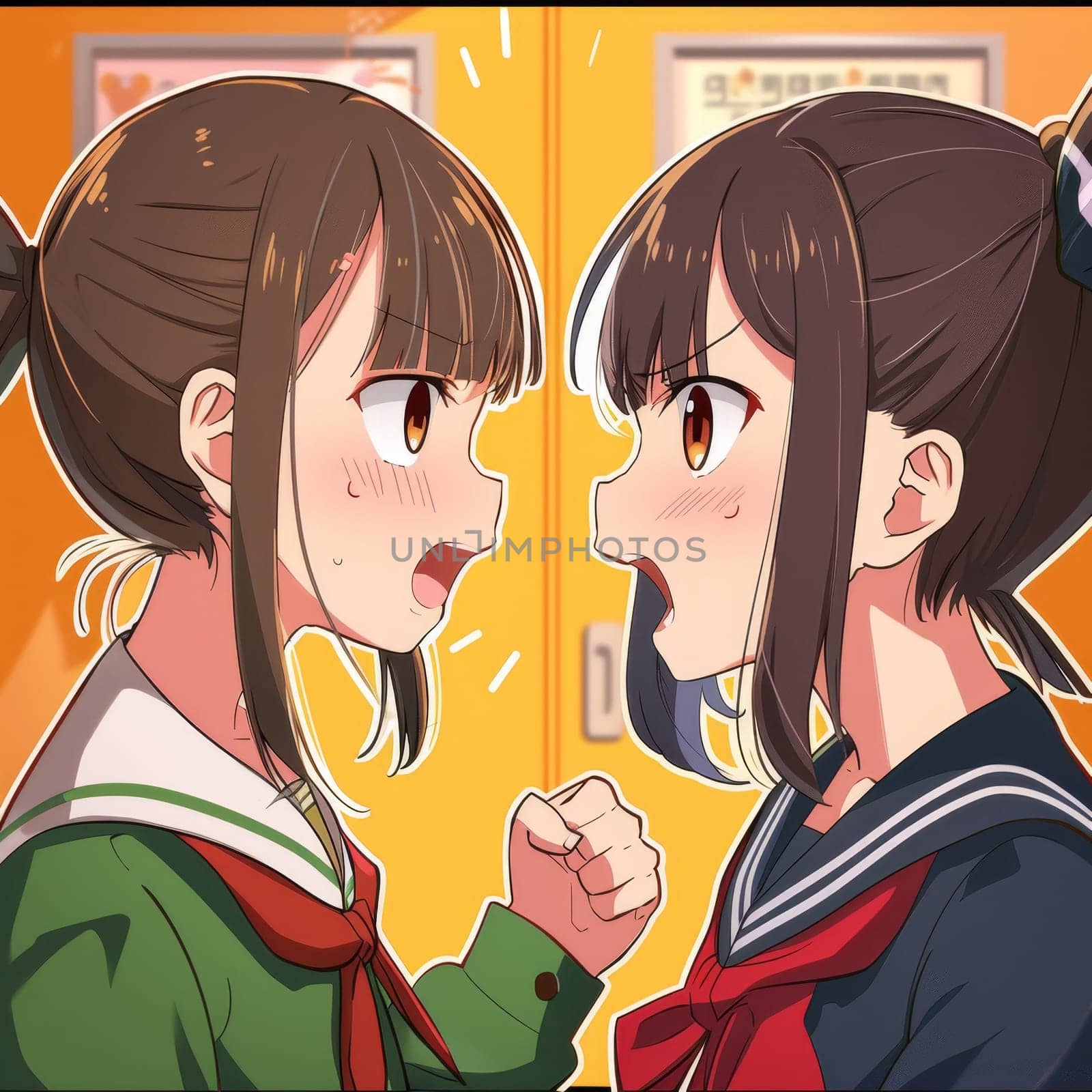 Two anime characters are caught in a heated exchange, their faces inches apart, showcasing the dynamic intensity of animated conflicts. Their expressive gestures indicate a deep involvement