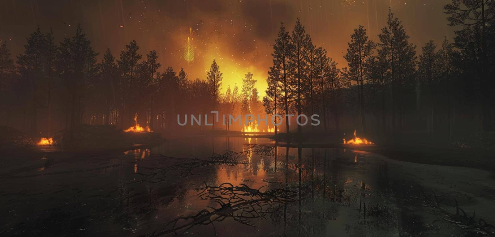 A serene yet haunting image of gentle flames amidst a forest at dusk, reflecting over a calm body of water