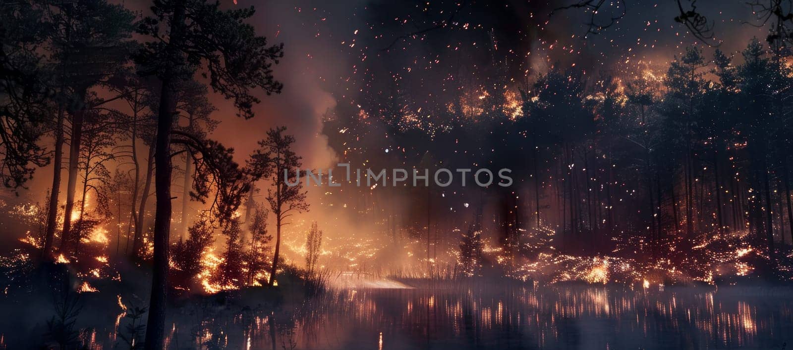 The ethereal beauty of flames dancing among forest trees at night, casting a warm glow and a spellbinding reflection on the water surface