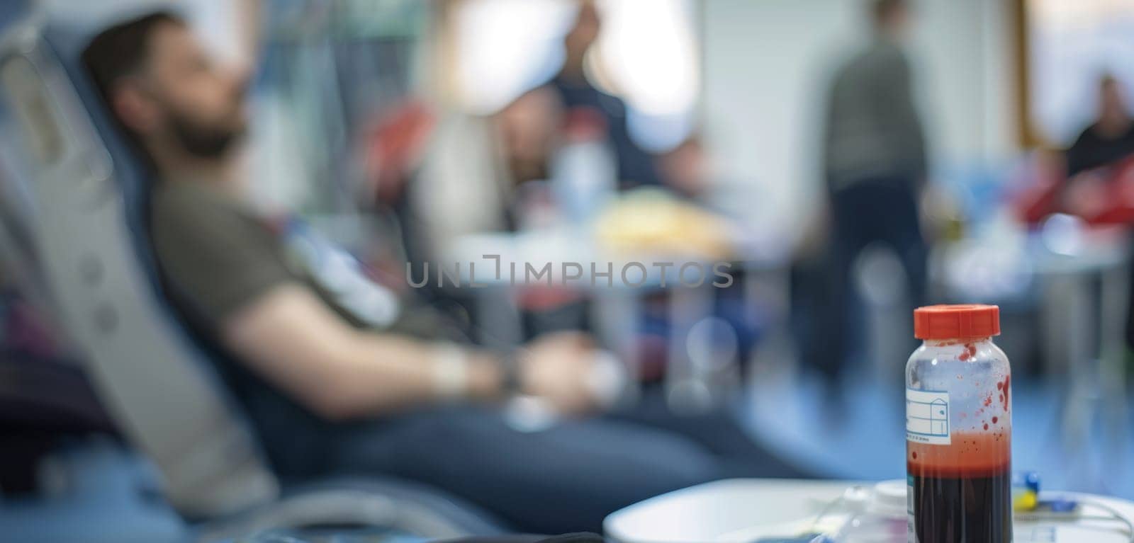The act of giving is captured in a blood donation center, where a donor relaxes while contributing to the vital cause, with a focus on the blood-filled bottle