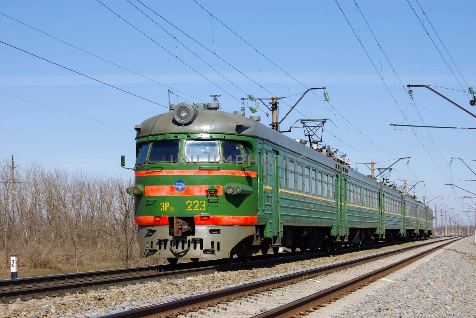 Novosibirsk, Russia - July 20, 2018: locomotive or engine is a rail transport vehicle that provides the motive power for a train.