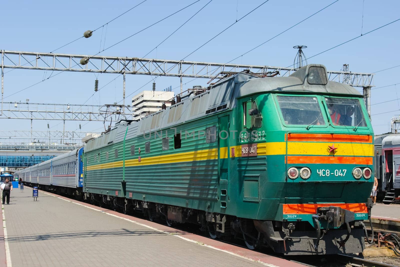 Novosibirsk, Russia - July 20, 2018: locomotive or engine is a rail transport vehicle that provides the motive power for a train.