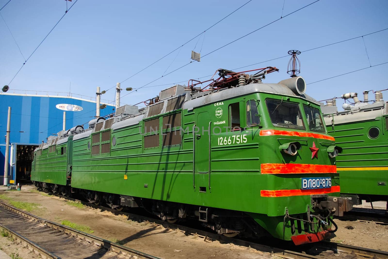Novosibirsk, Russia - July 20, 2018: locomotive or engine is a rail transport vehicle that provides the motive power for a train.