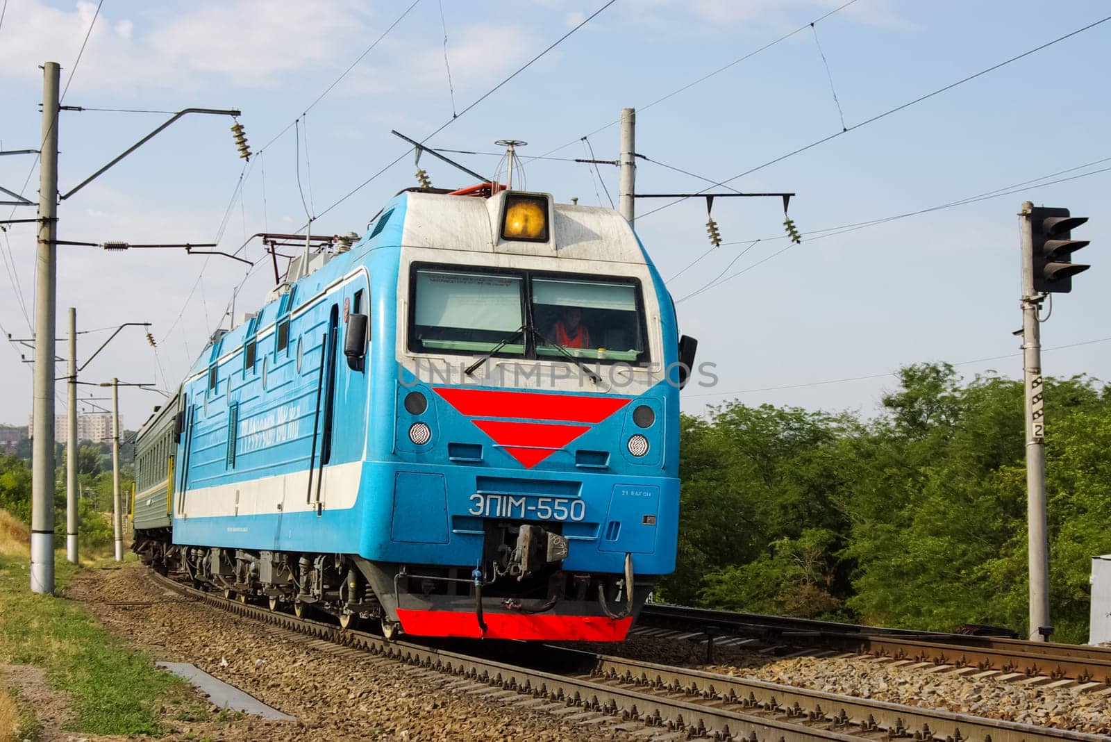 Novosibirsk, Russia - July 20, 2018: locomotive or engine is a rail transport vehicle that provides the motive power for a train.
