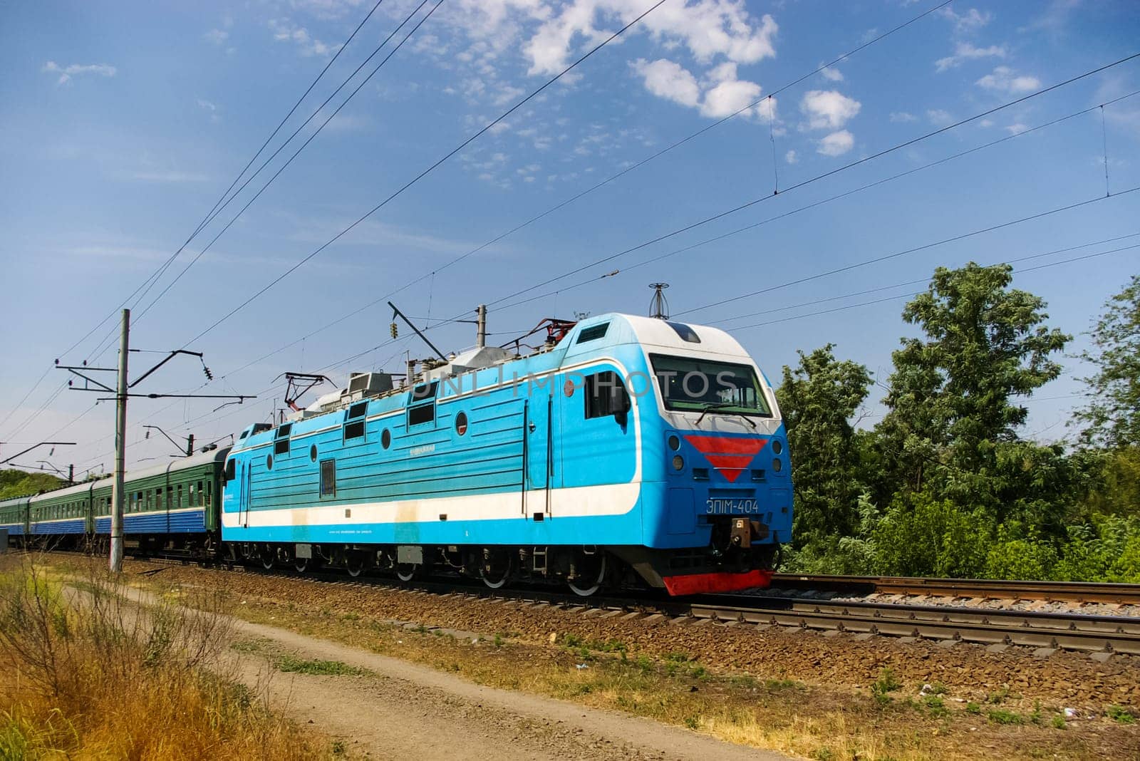 Novosibirsk, Russia - July 20, 2018: locomotive or engine is a rail transport vehicle that provides the motive power for a train.
