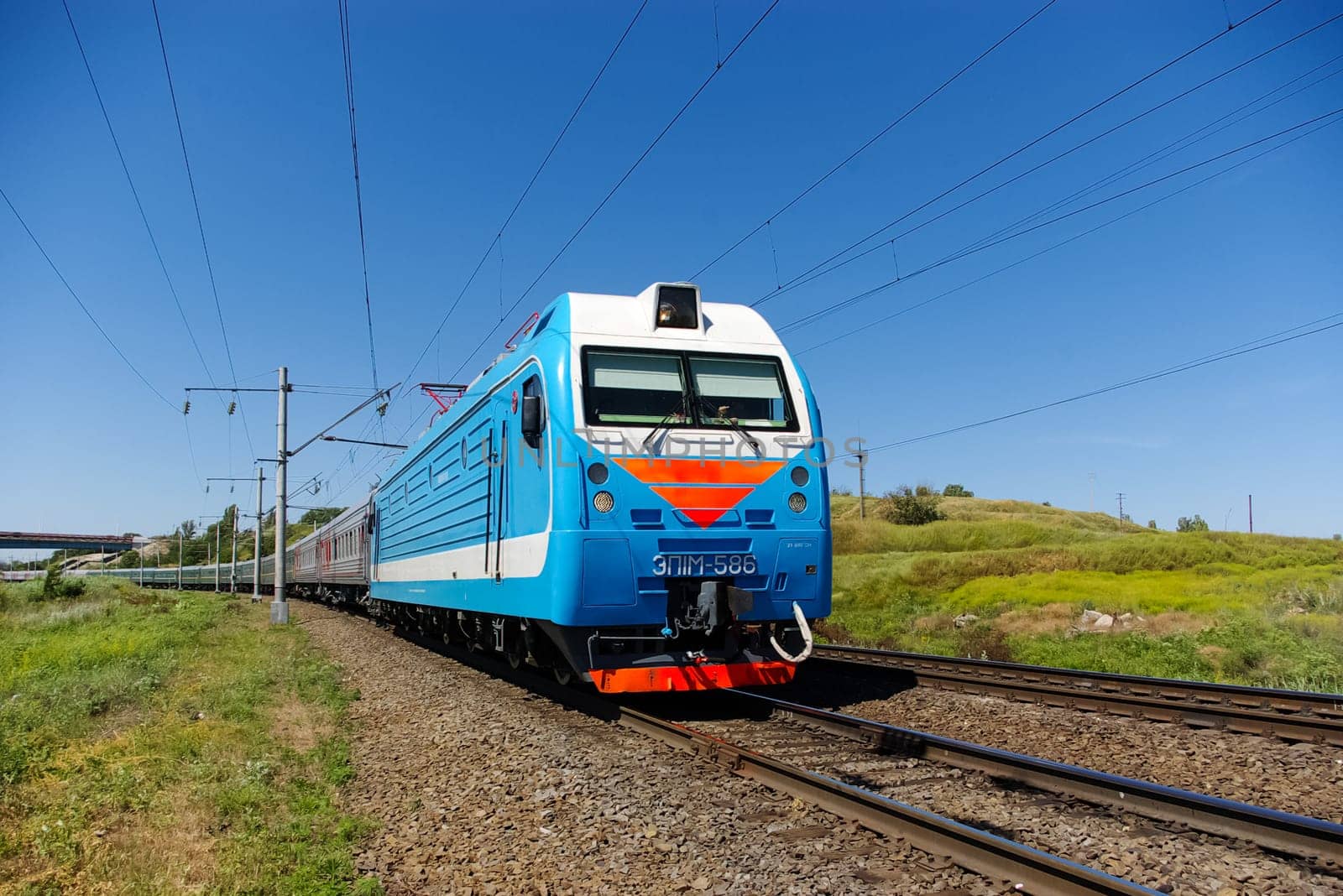Novosibirsk, Russia - July 20, 2018: locomotive or engine is a rail transport vehicle that provides the motive power for a train.