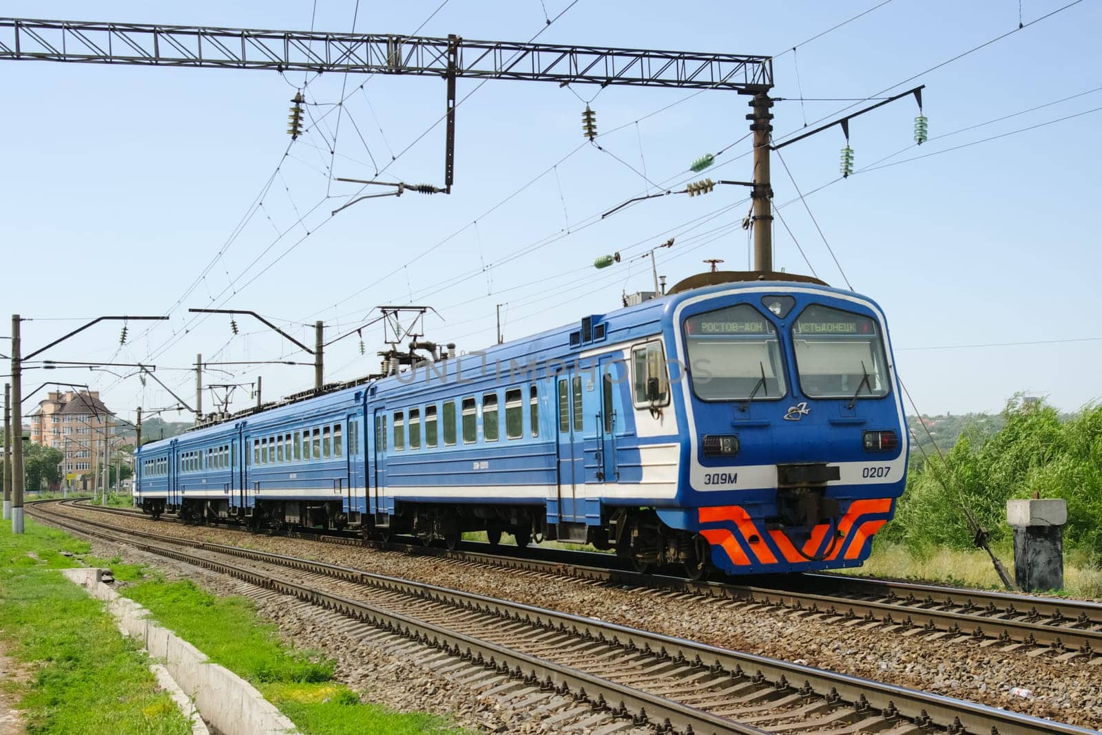 Novosibirsk, Russia - July 20, 2018: locomotive or engine is a rail transport vehicle that provides the motive power for a train.