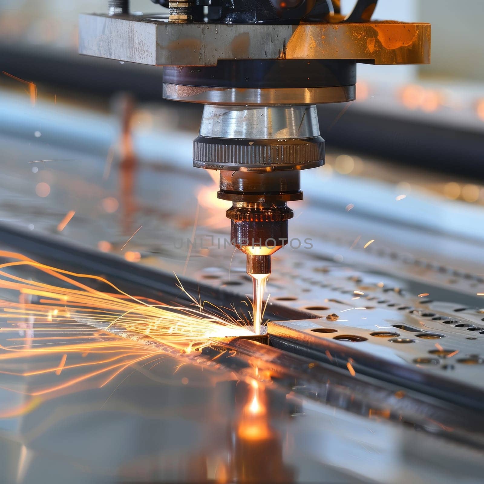 A laser cutting machine precisely slices through metal, emitting a shower of bright sparks in an industrial setting
