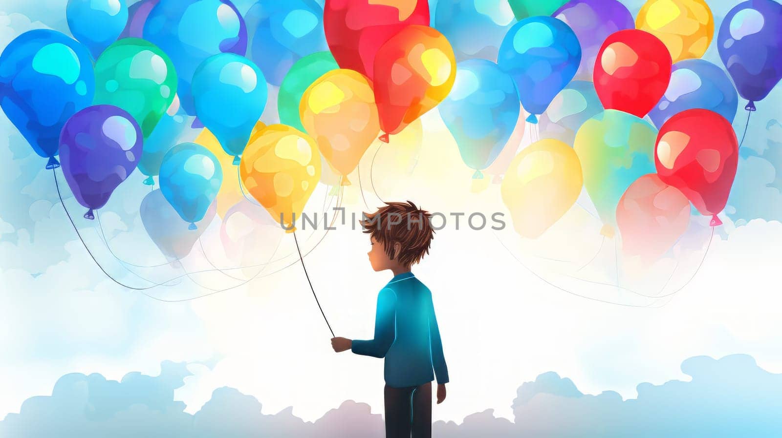 Boy hold a lot of colorful ballons concept for dreaming. generative ai
