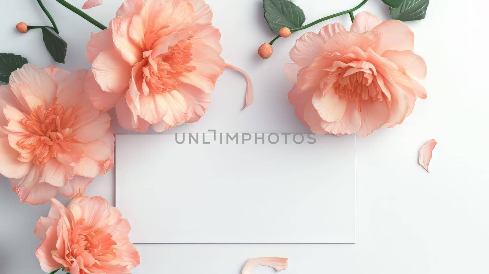 Greeting Card with beautiful Flower Blossom in Colours Peach Fuzz, Pantone 13-1023, Pantone Colour of the Year 2024. generative ai