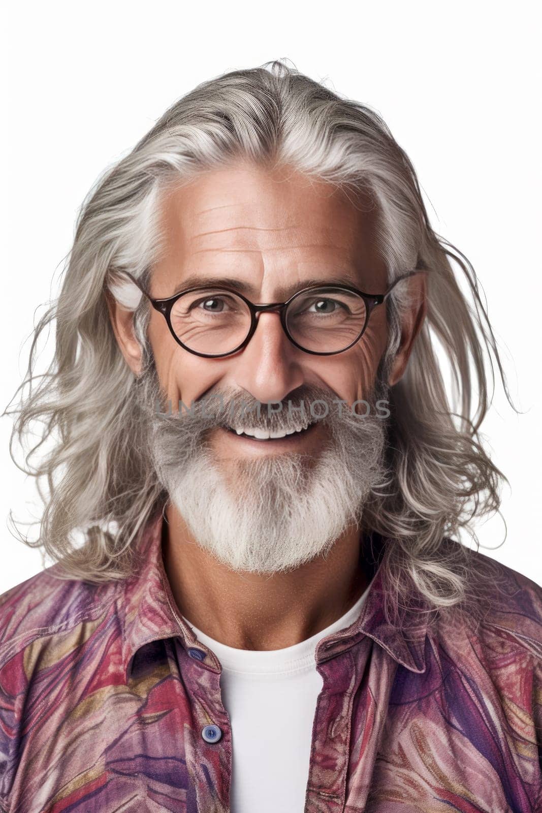 Portrait from smiling Man with long grey hair and eyeglasses isolated on white background. generative ai