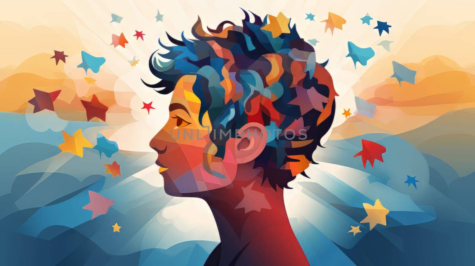 Portrait of a boy with numerous colorful puzzle pieces flying around his head. Concept World autism awareness day. - generative ai