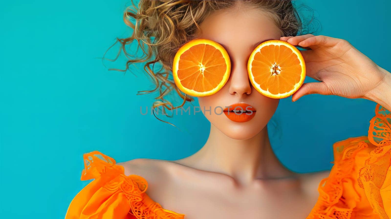 Funny and joyful young woman holding orange slices near her eyes and smiling. generative ai