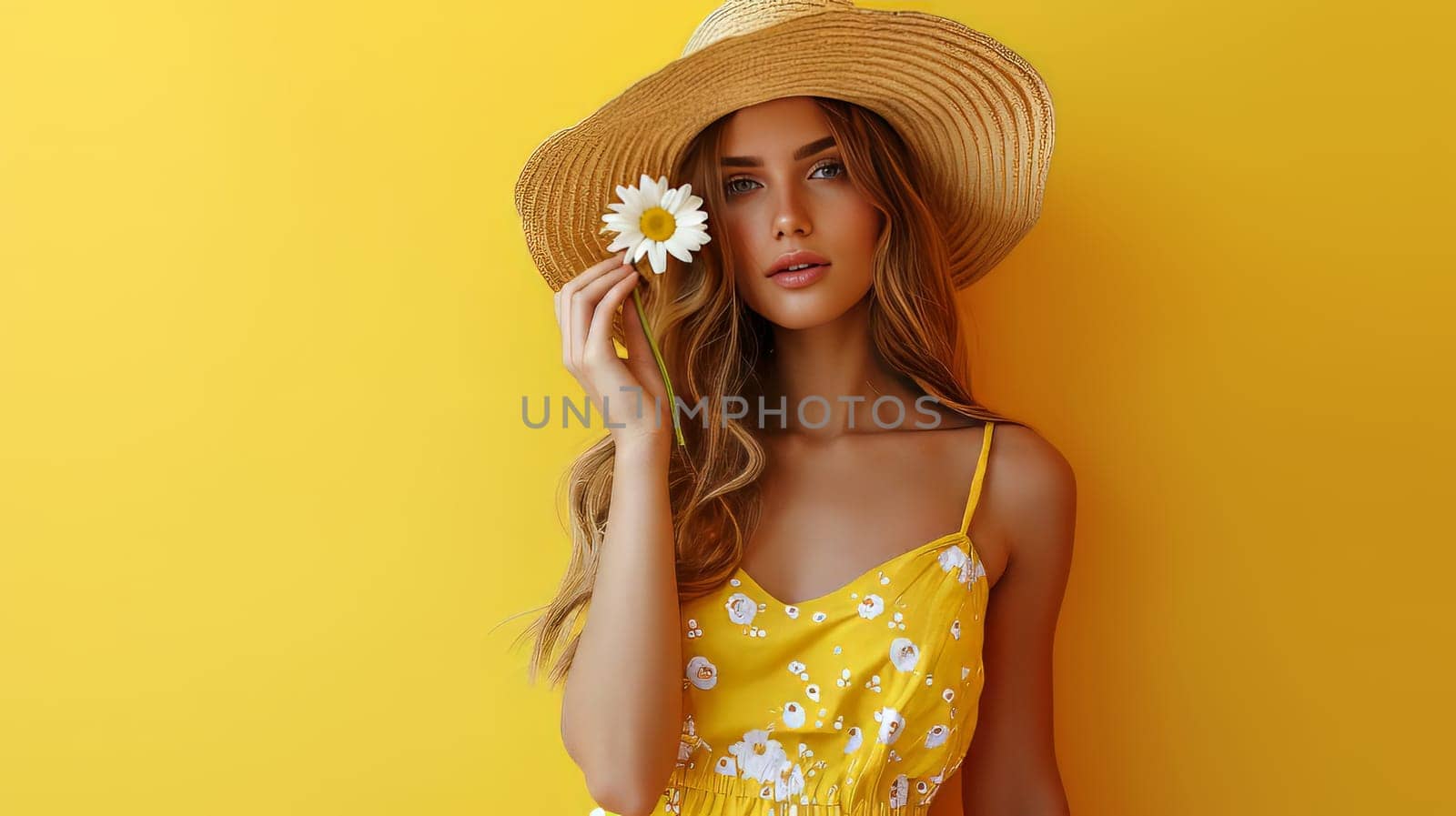 Stylish woman wiht daisy flower on yellow background. Beautiful fresh summer concept. generative ai