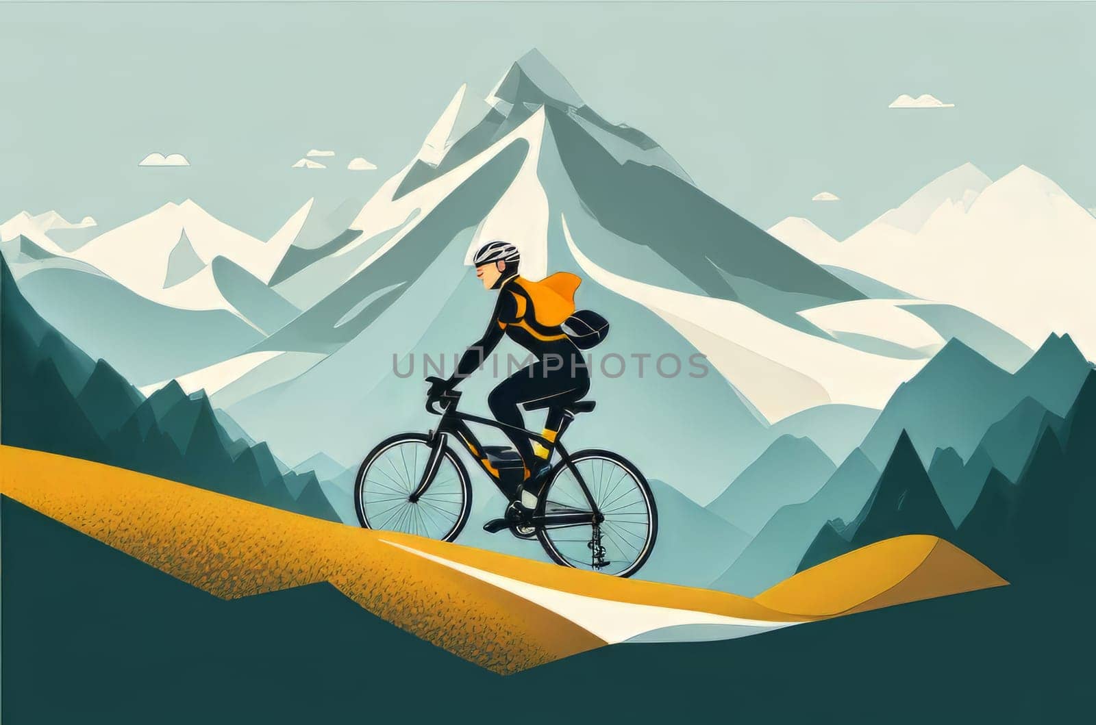 Illustration from Sportsman rides a bicycle in an alpine landscape. generative ai