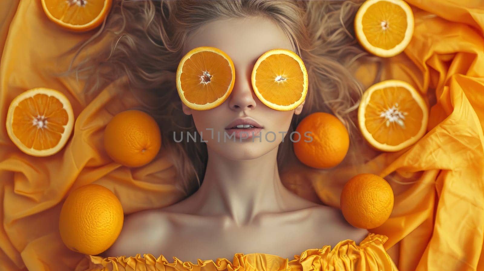Funny and joyful young woman holding orange slices near her eyes and smiling. generative ai