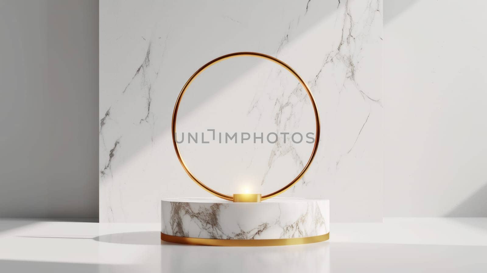 Elegant marble stand with gold ring. Copy space. Created using AI generated technology and image editing software.