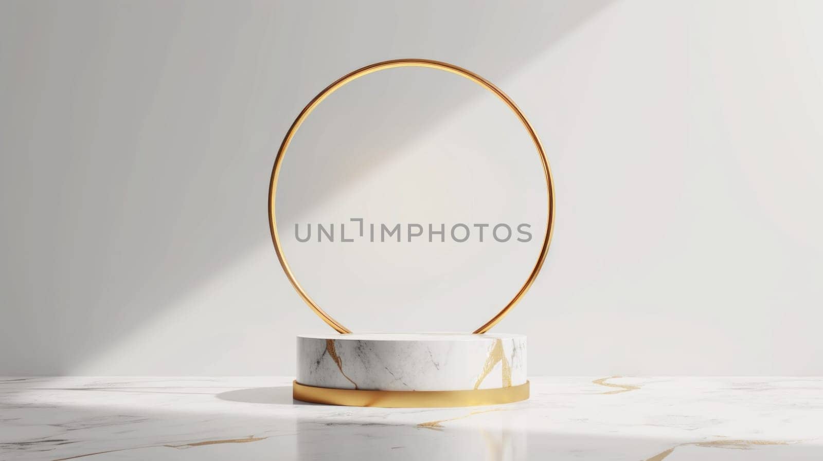 Elegant marble stand with gold ring. Copy space. Created using AI generated technology and image editing software.