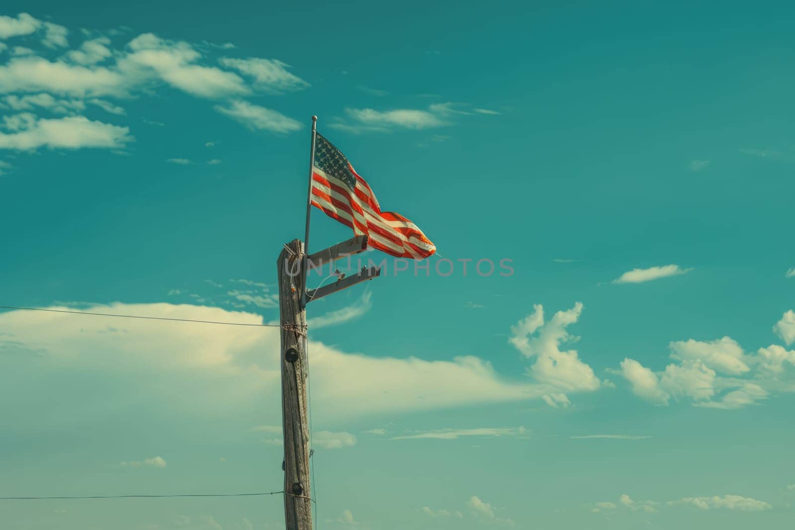 American flag on wooden pole waving in the wind against blue sky with clouds. AI Generated.